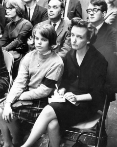 Mary Beth Tinker, left, with her mother during a school board meeting discussing her suspension for wearing a black arm band to protest the Vietnam War. (Courtesy Mary Beth Tinker)